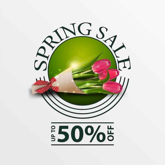 Modern round green spring sale banner with bouquet of tulips