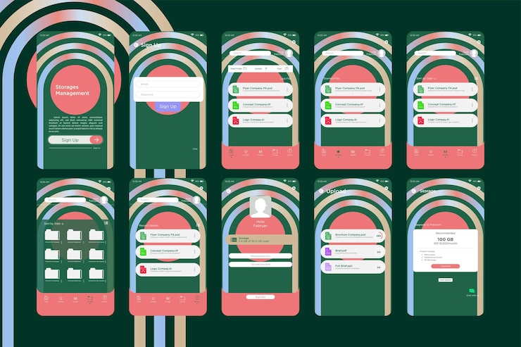 Vector modern rounded circle line up storage management app ui kit template
