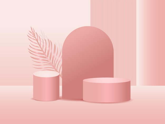 Modern roze roos podium display product met palmverlof. Minimale trendy 3d stand presentatie achtergrond