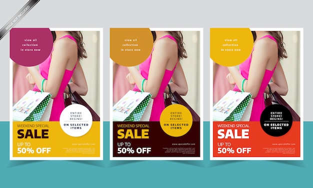 Vector modern sale flyer template with three different color