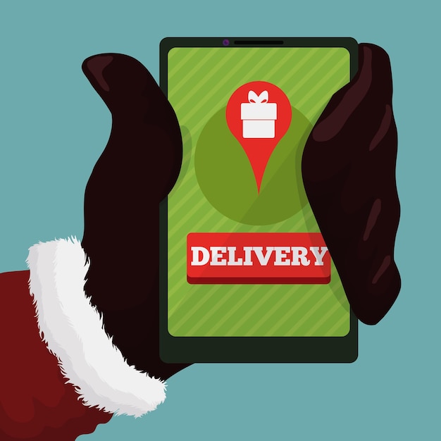 Modern Santa Claus with smartphone and app for delivery gifts