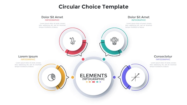 Modern scheme with 4 paper white round elements with arrows pointing at main circle. Concept of four features of startup project. Flat infographic design template. Minimal vector illustration.