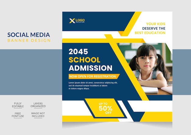 Modern school admission social media post and web banner design template