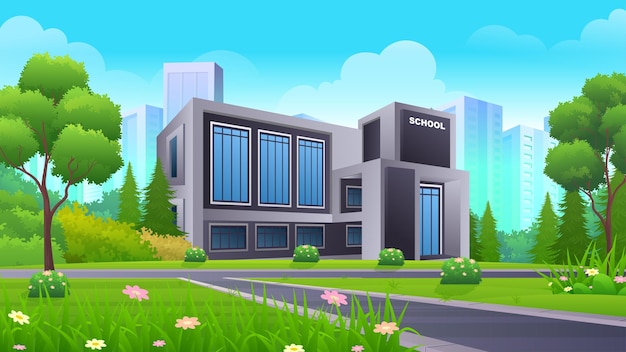 Modern School on the side of the street with green lawn, bush and trees vector illustration