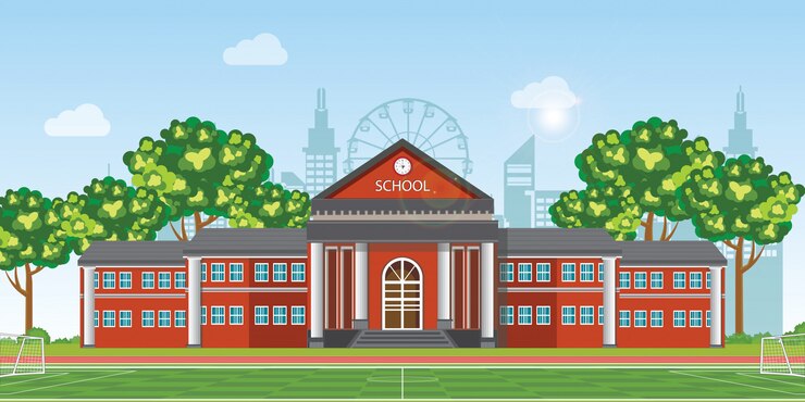 Vector modern school with football field in front of the school building.