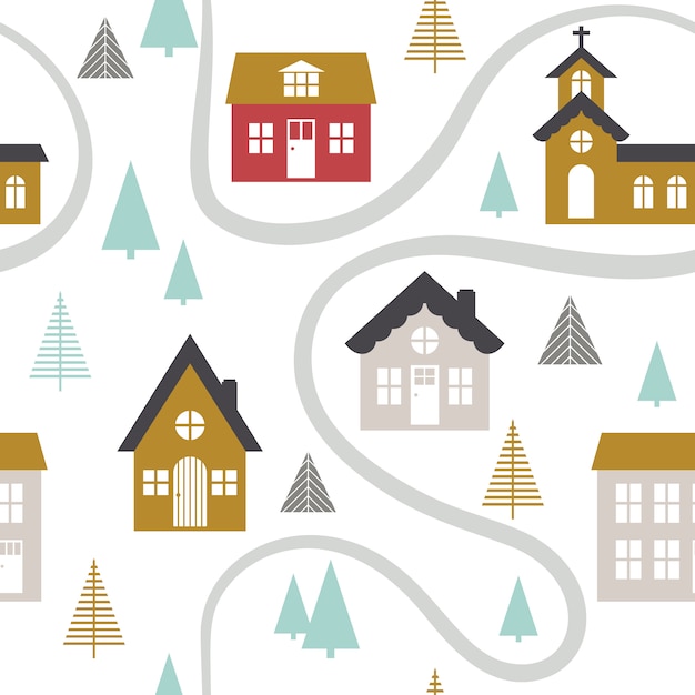 Modern seamless childish pattern with cute houses.
