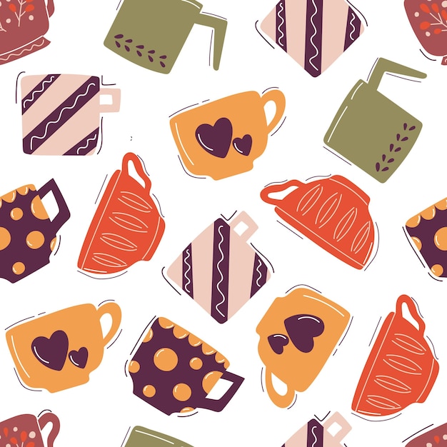 Modern seamless pattern of hand drawn flat cups Flat illustration for print design menu wrapping