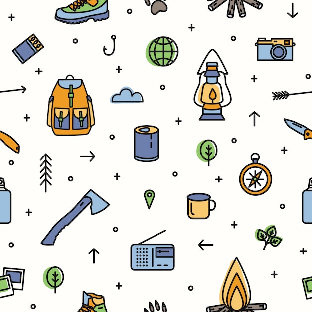 Modern seamless pattern with hiking and touristic equipment and tools