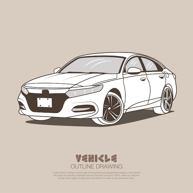 Modern sedan in simple outline and color vector illustration