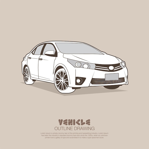 Modern sedan in simple outline and color vector illustration