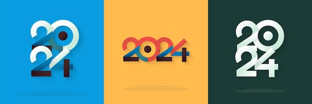 2024년 새해 복 많이 받으세요 축하를 위한 현대적인 세미 레트로 디자인 벡터 우아한 다채로운 테마 프리미엄 디자인 인사말 포스터 배너 소셜 미디어 게시물
