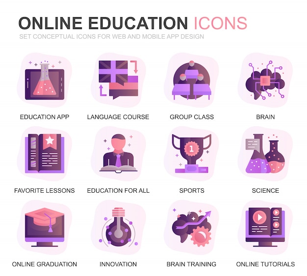 Modern set education and knowledge gradient flat icons