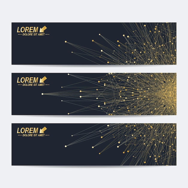 Modern set of vector banners. geometric abstract banner with golden mandala. connected line with dots. molecule and communication background for medicine, science, technology , chemistry.