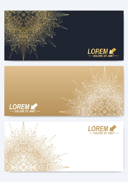 Modern set of vector banners. Geometric abstract presentation with golden mandala. Molecule and communication background for medicine, science, technology, chemistry. Digital or science representation