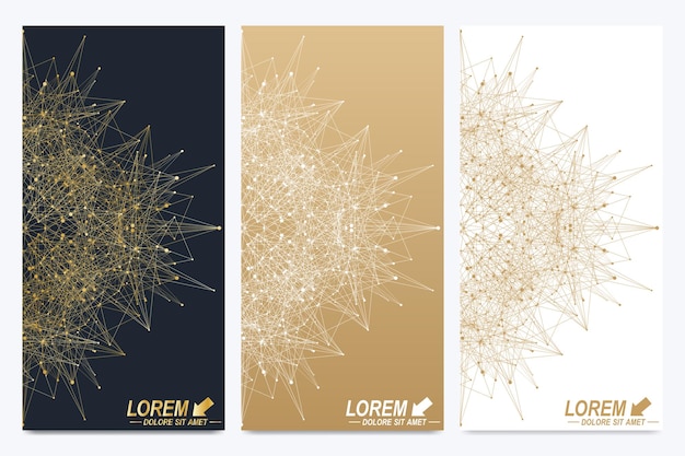 Modern set of vector flyers. Geometric abstract presentation. Molecule and communication background for medicine, science, technology, chemistry. Golden cybernetic dots. Lines plexus. Card surface.