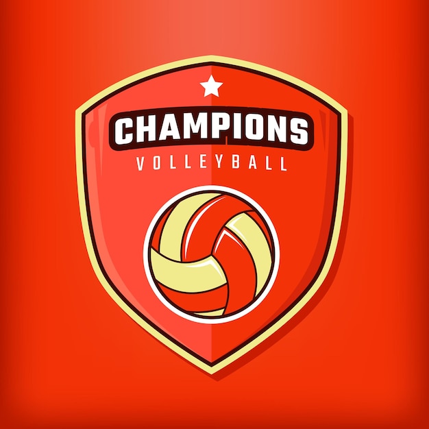 Modern shield vector emblem volleyball logo design on red background