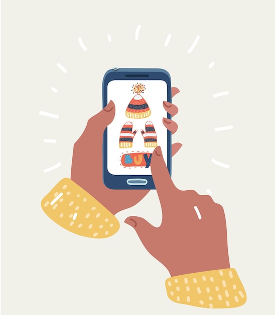 App per lo shopping moderna su smartphone in mano umana. acquisto online di vestiti invernali caldi sul sito web o sull'applicazione. illustrazione del fumetto di vettore nel concetto moderno+