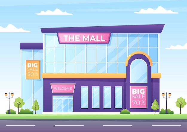 Modern shopping mall building background illustration with exterior and various shops inside