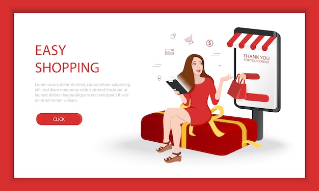 Modern shopping online concept voor online winkelen zittend op een geschenkdoos