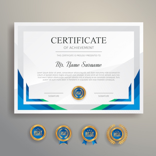 Certificato moderno semplice in colore blu e verde con badge oro e modello bordo