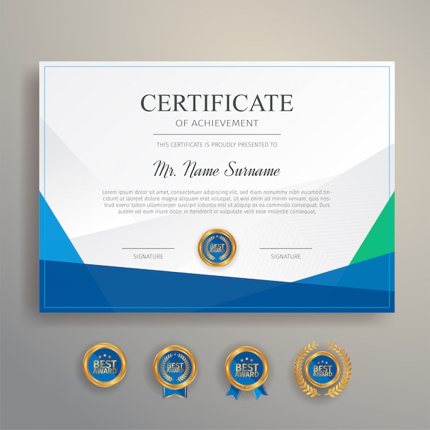 Modern simple certificate in blue and green color with gold badge and border   template