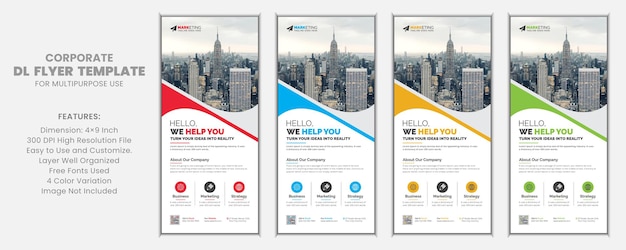 Modern Simple Minimal Corporate DL Flyer Rack Card Template Design with Red Blue Yellow Green Color