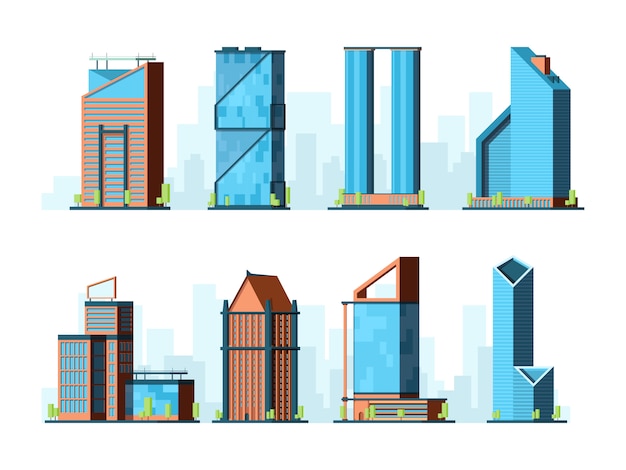 Modern skyscraper. corporate offices buildings constructions exterior towers urban collection flat