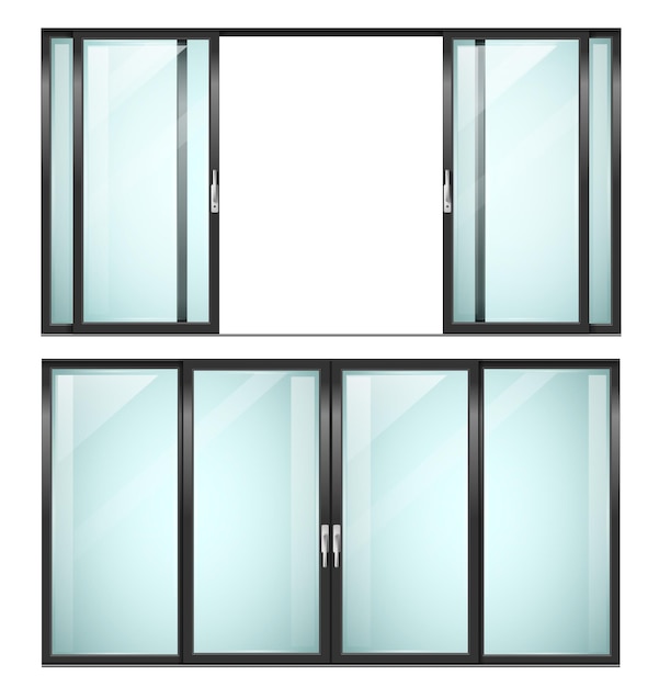 Modern sliding metal black door or window Vector with transparent glass