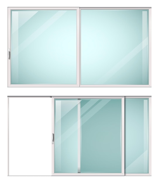 Вектор Современные раздвижные металлические белые двери или окна вектор с прозрачным стеклом