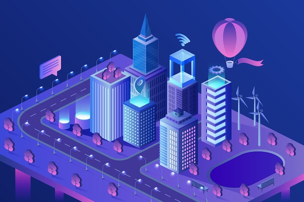 Vector modern smart city isometric  illustration. intelligent ai skyscrapers buildings.