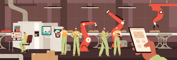 Vector modern smart factory with robot automated conveyor production, controlled by workers and manager through smartphone and computer. monitoring of machine manufactory. colored flat vector illustration.