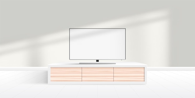 가구, 현대적인 미니멀 한 거실에 서있는 빈 흰색 화면이있는 현대 스마트 TV 모형.