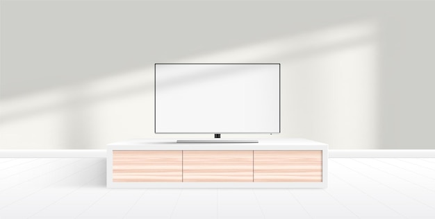 Vector modern smart tv mockup with blank white screen standing on furniture, modern minimalist living room.