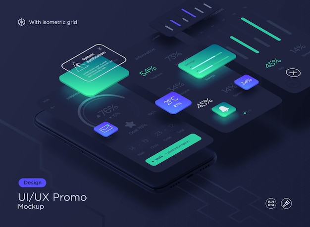 Modern smartphone app interface design mockup vector isometric illustration