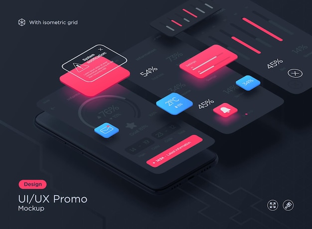 Modern smartphone app interface design mockup Vector isometric illustration