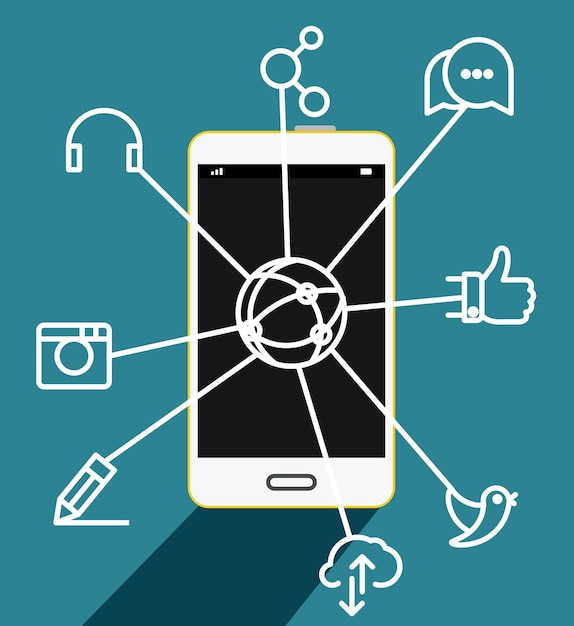 Smartphone moderno con illustrazione delle icone dei media concetto di social media
