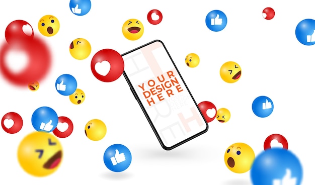 Smartphone moderno scrivi qui il tuo design, cornice libera e illustrazione di emoji sui social media in caduta.