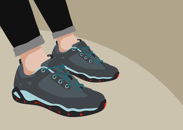 Sneakers moderne ai piedi, poster pubblicitario colorato