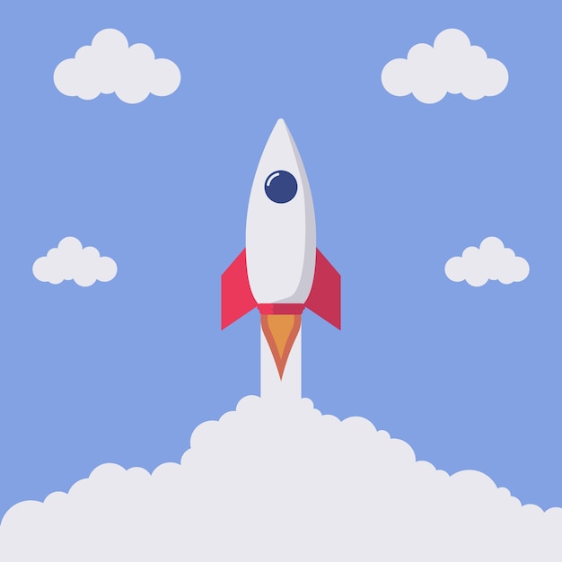 Modern space rocket flying in space illustration with flat design