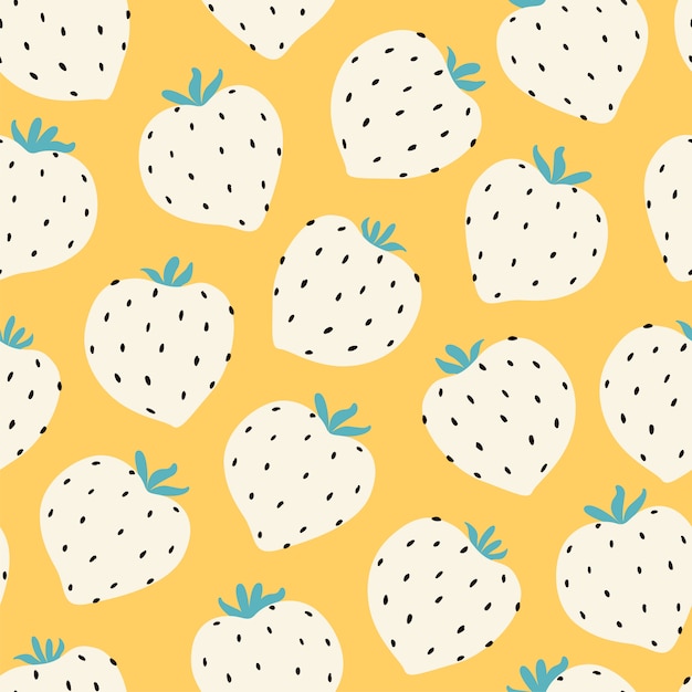 Modern strawberry seamless pattern. big white round strawberries on yellow.