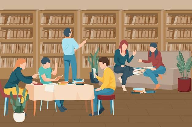 Modern students studying together in library illustration