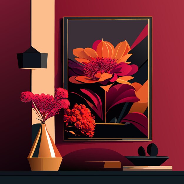 Vettore studio moderno con fiori e un quadro sulla parete