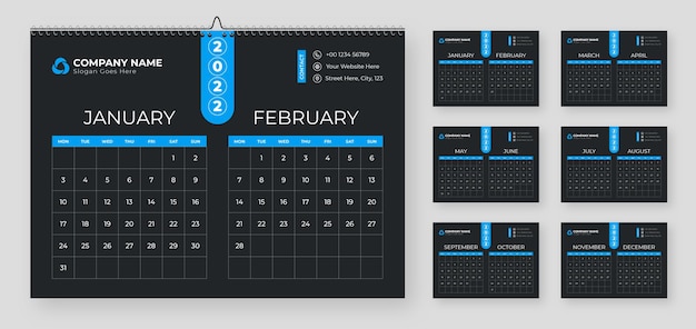 Calendario in stile moderno in colore scuro e blu