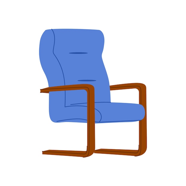 Modern style office chair with blue upholstery Soft comfortable back and wooden armrests Chair for the head Vector illustration isolated on white background Office furniture