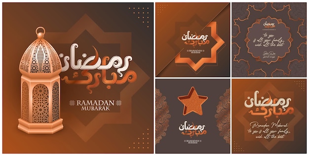 Modern style Ramadan Mubarak greeting cards collections with arabic calligraphy moon mosque dome lanterns for wallpaper design poster social media post