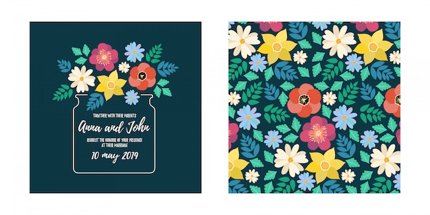 Vector modern style wedding invitation card with flat flower blossom and seamless pattern