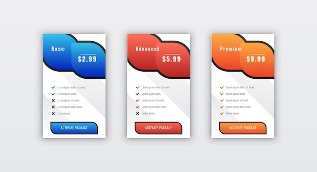 Modern stylish business pricing table or card design template