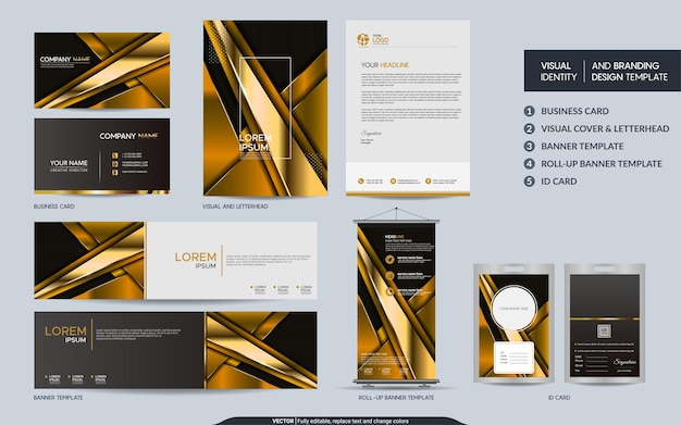 Современный стильный золотой металлический набор макетов и визуальная идентичность бренда с абстрактным перекрывающимся фоном слоев Векторная иллюстрация макет для брендинга обложки продукта баннер события веб-сайт