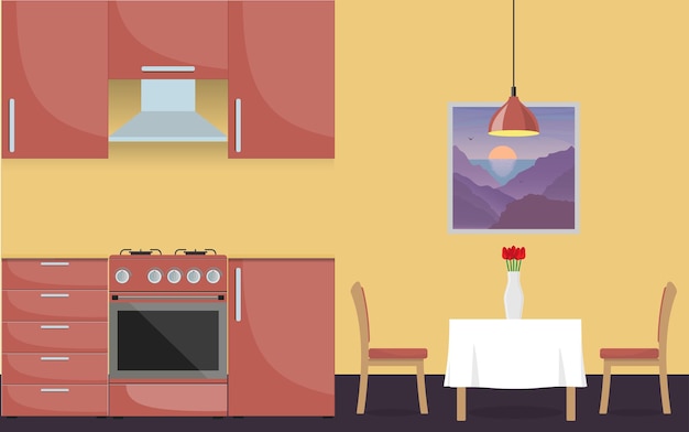 Vettore cucina moderna ed elegante interni cucina mobili fornello a gas tavolo da pranzo e vaso con fiori