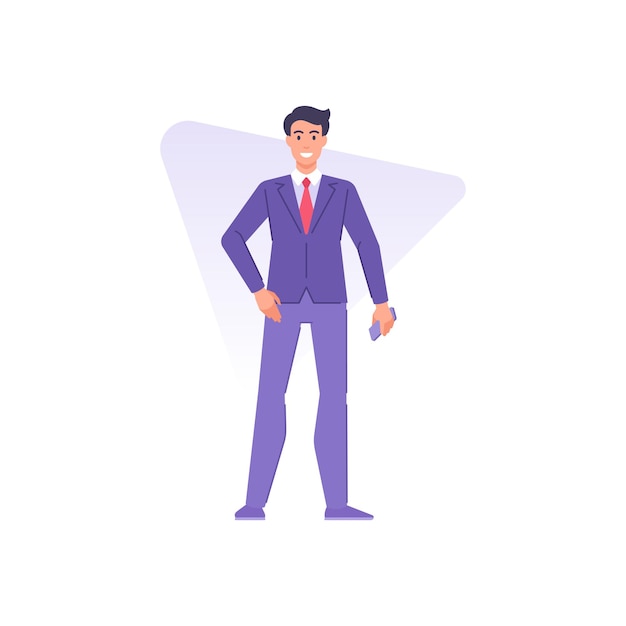 Вектор Современный успешный деловой человек в костюме с галстуком, позирующий стоя, держа смартфон векторная иллюстрация
